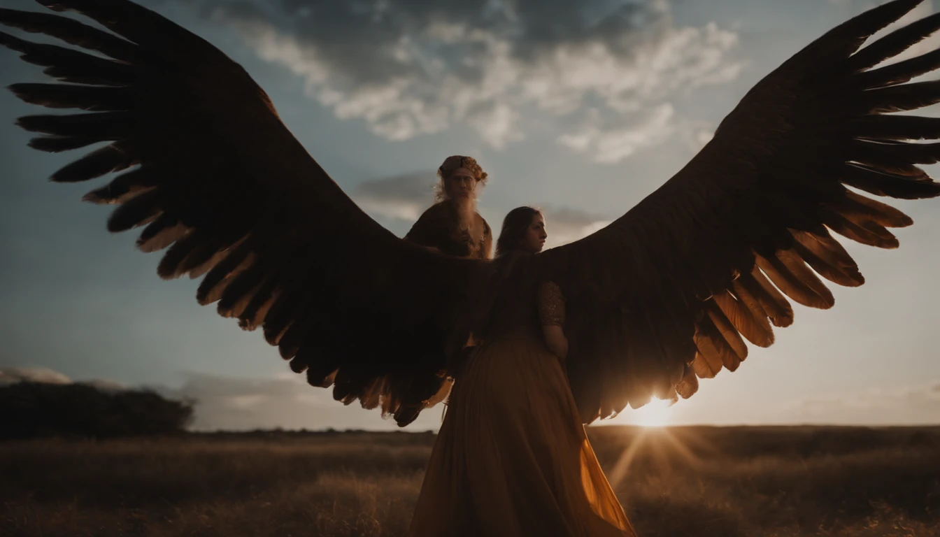 Um anjo da guarda com asas majestosas, com manto celestial, nuvens