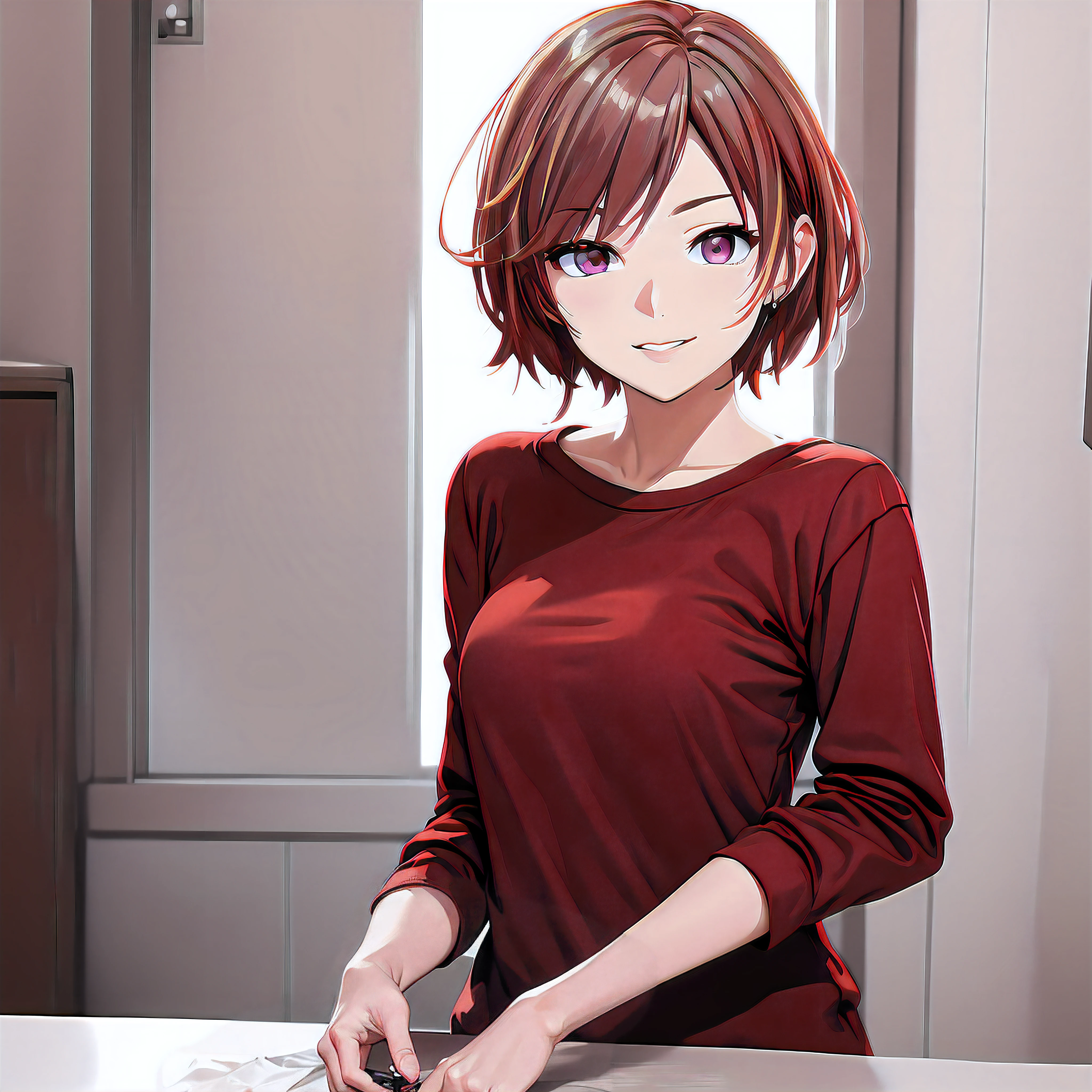Best quality, masterpiece, ultra high res, (photorealistic:1.4), ((1girl:2)), ((solo)),(Make Subject the focal point of the background),(Center the image around),((upper body:1.5)),(((masterpiece))), (((best quality))), ((ultra-detailed)), (highly detailed CG illustration), ((an extremely delicate and beautiful)),((Dark wine-red t-shirt:1.5)), ((plain t-shirt:1.5)),((long sleeves:1.5)),(Casual T-shirt),(From a slight side angle), (The side of one arm is visible),(very loose T-shirt), ((blank t-shirt)), ((Dark wine-red coloured t-shirt:1.5)),portrait of an anime girl, t-shirt,brown short hair, boyish girl,(dark burgundy eyes), (1girl wearing glasses:1.5), (straight short hair:1.3),short hair, (short bob-cut hair:1.2),looking at viewer,smiling,bad-girl,mature female, anime girl with short hair, (medium breasts:1.3), cute natural anime face, detailed anime soft face, cute anime face, flat anime style shading, face anime portrait, made with anime painter studio, semirealistic anime style, perfect anime face, extremely cute anime girl face, high detailed face anime, pretty anime face, semi realistic anime, detailed anime face, hyperdetailed face, ultra fine skin, photorealistic image, Detailed faces, detailed hairs, Detailed eyes,detailed nose, Detailed hands, Sharp images, (8K, Best quality, Masterpiece: 1.2), Professional lighting,(beautiful skin:1.3), beautiful hand, Thin and beautiful hands