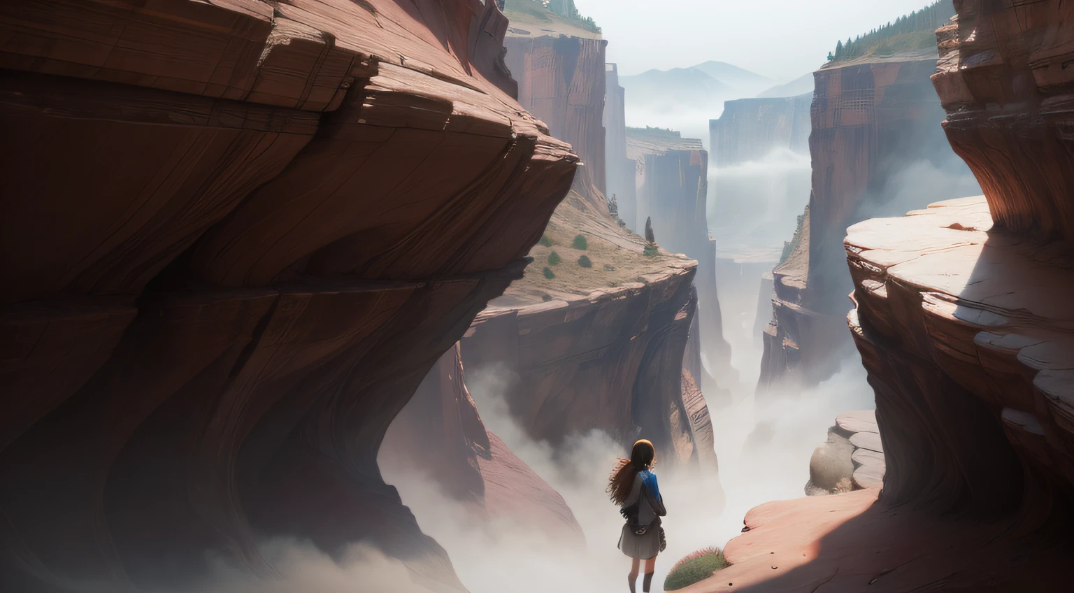 Young girl, brown, in a canyon, with a lot of fog