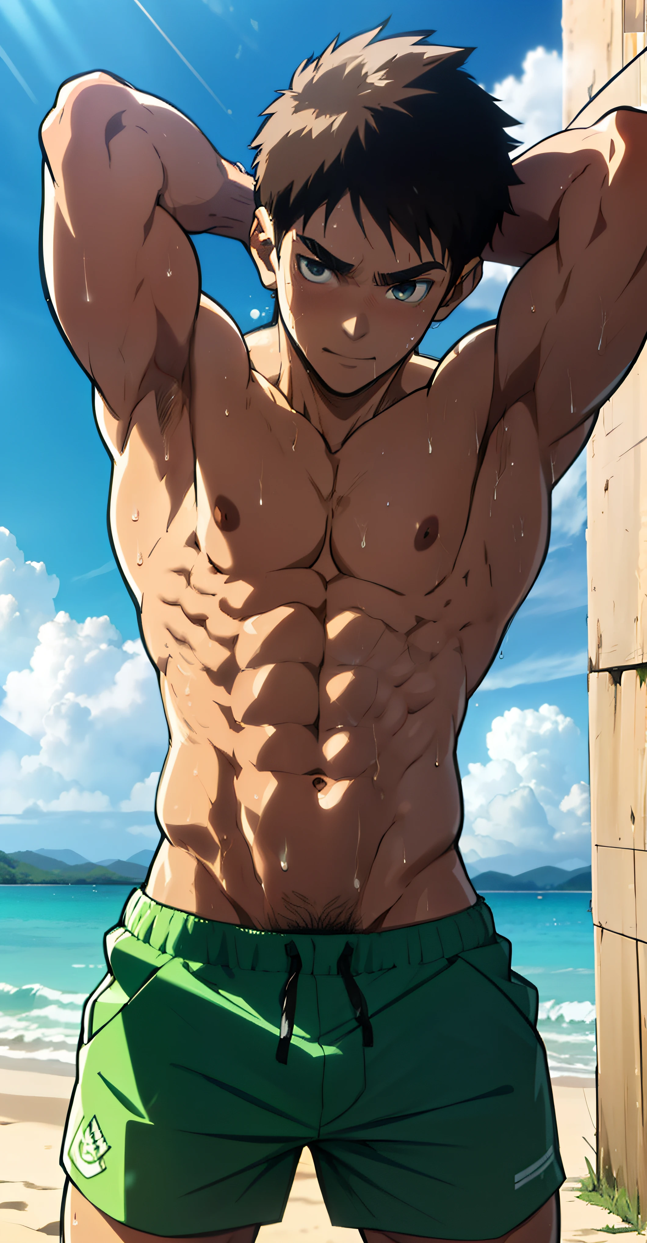 (close-up) (character looking straight, middle photo) anime boy, topless, shirtless, , cute baby fa, wearing triangle shorts revealing muscular thighs huge, tight briefs, bulging briefs due to genitals, standing, arms raised to expose armpits, hands behind head, sweat dripping down, topless, sun shining Bright, shiny skin