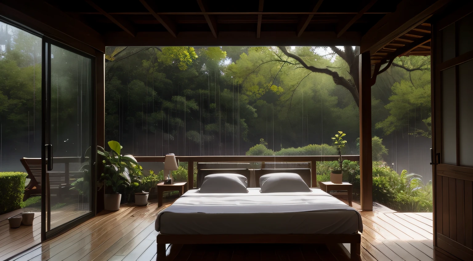 Por favor, Generates an image that represents a conventional bed placed under a rustic roof in the middle of a lush forest during a gentle rain. The roof can be made of wood or straw and must be strategically placed to protect the bed from rain. The atmosphere should be calm and relaxing, sin presencia de luz solar. I want a few raindrops to cross between the camera lens and the bed image, creating a sense of immediacy and connection with the falling rain. La imagen debe transmitir paz, comodidad y la idea de un lugar perfecto para descansar mientras disfrutas de la lluvia en el bosque.