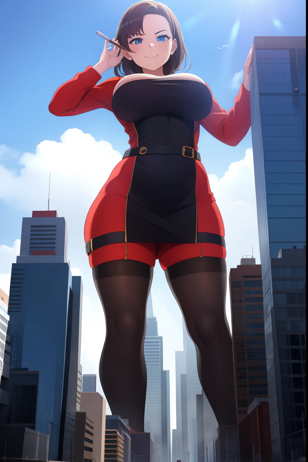 (best quality, masterpiece1.2), 1girl, solo, human, cally3d, (fredina), brown body, top hat, bear ears, stockings, woman, red hoodie, blue eyes, sexy, detailed, extreme detail, perfect lighting, 4k, hood down, Giantess, ultra big, ultra giantess, Bigger than the planet, planet earth, space, (layd down above the planet), perspective from space
