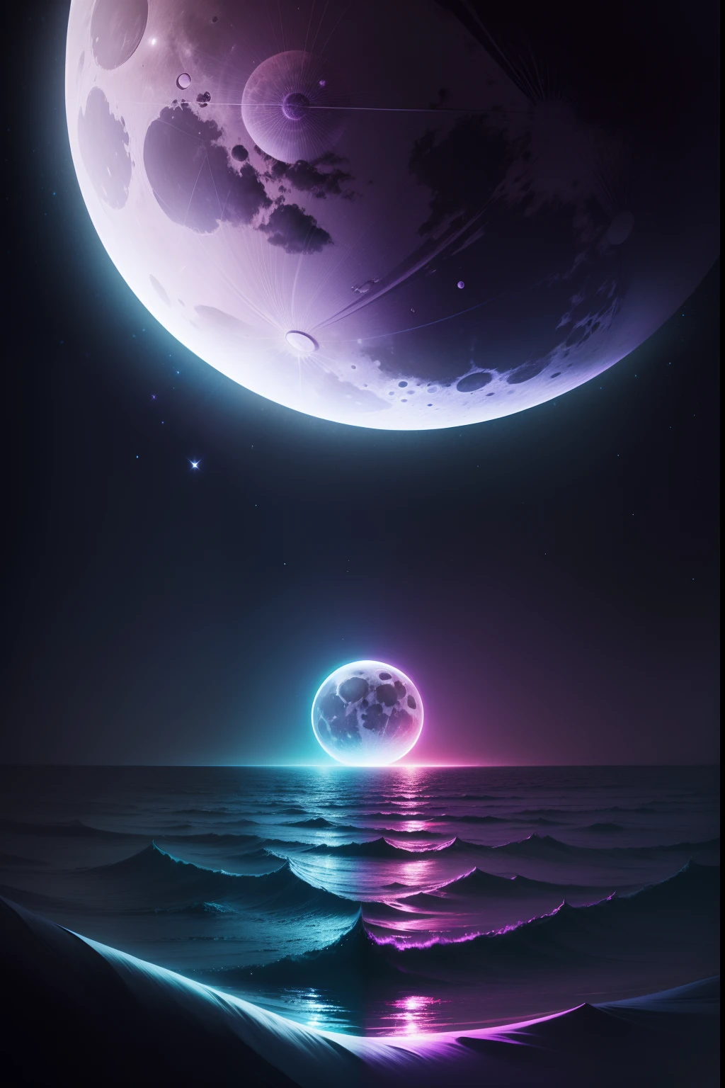 Create a wallpaper with the moon in the purple sea with a computer logo, svg type