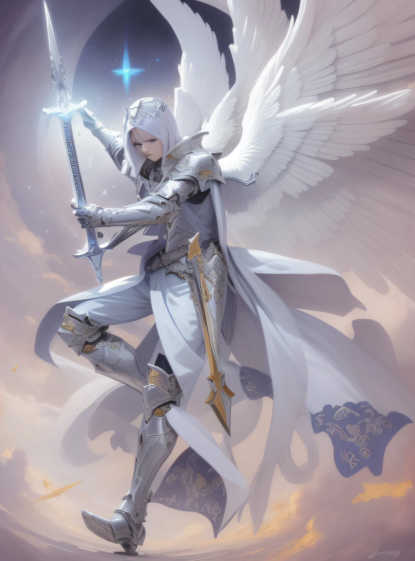 Paintings of angels，With a sword and a sword in his hand, Angel Knight Paladin picture, Archangel, Epic fantasy character art, Valentina Shuffle, by Yang J, High quality fantasy art, holy paladin,, fantasy paladin man, heroic fantasy art, Gold theme color