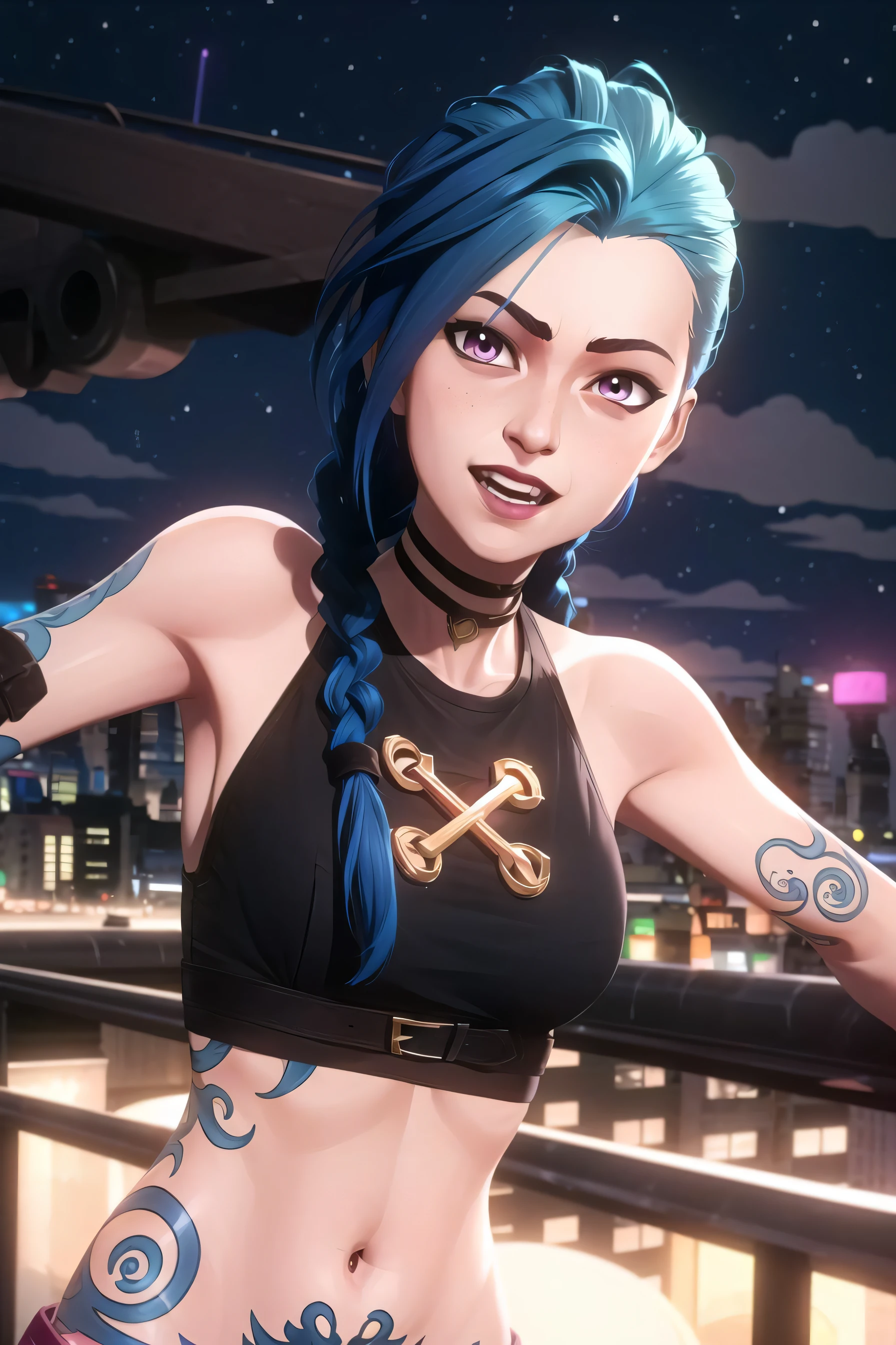 arcane style,

1girl, arm tattoo, asymmetrical bangs, bangs, blue hair, braid, brown shirt, cloud tattoo, looking at viewer, laughing, crazy, uncontrollable laugh, mad look, night, city, green hair, long hair, midriff, pink eyes, red lips, shirt, solo, standing, tattoo, twin braids, upper body, arcane jinx, jinx \(league of legends\)