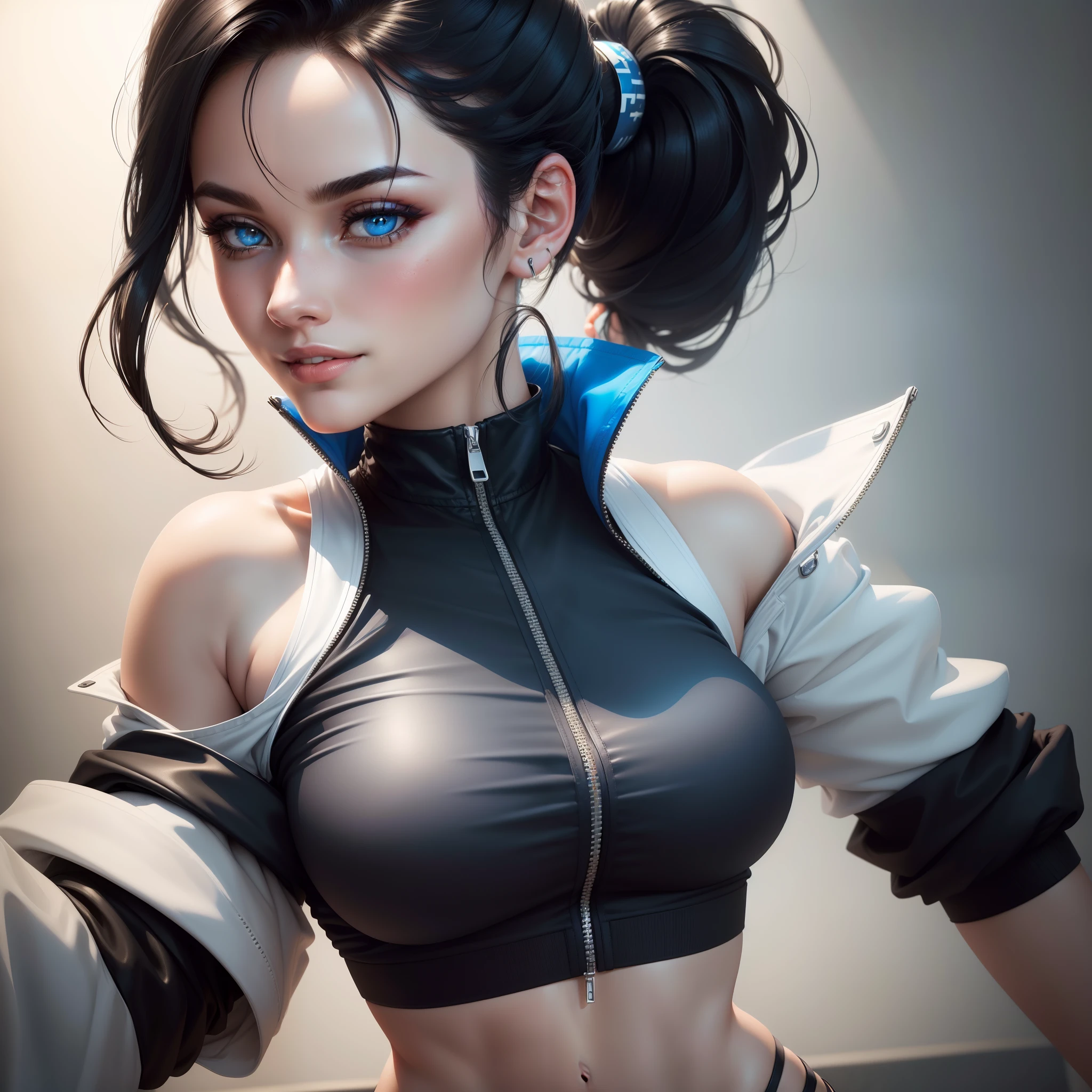(best quality, highres, realistic:1.37), sexy woman, black hair, ponytail, seductive look, sexy smile, blue crop top, white jacket and pants, sultry pose, detailed eyes and face, long eyelashes, vibrant colors, soft lighting