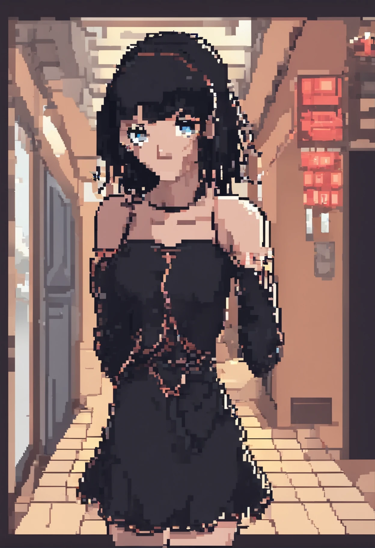 Beautiful girl, black hair, black dress, realistic