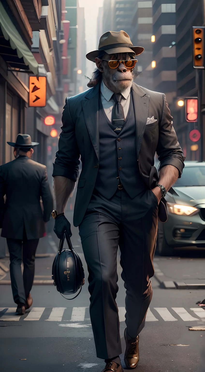 Anthropomorphic monkeys,Wear a jacket,Suspenders,Big scalp shoes,bucket-hat,Wearing sunglasses,City streets,(depth of fields),(Movie lighting),(light and shadow effect),(Unreal 5),(tmasterpiece),(8k wallpaper),photorealestic,realisticlying