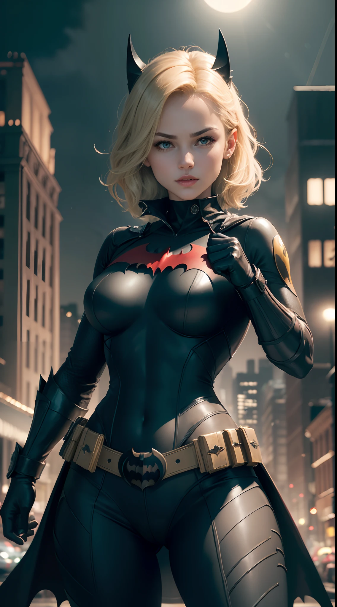 1girl, full body, style of the Batwoman costume, medium breasts, Yellow Batman Logo on Chest and the belt, masterpiece, best quality, detailed skin texture, detailed cloth texture, beautiful detailed face, intricate details, ultra detailed, Short blonde hair, (Night street Gotham city Background), full moon on the sky, ((Fighting pose)), front view, (Best quality, A high resolution, Photorealistic, primitive, 8K,Masterpiece, ),Best quality, Masterpiec8K.hdr. High ribs:1.2, filmgrain, Blur bokeh:1.2, Lens flare, (vivd colour:1.2), (Delicate),