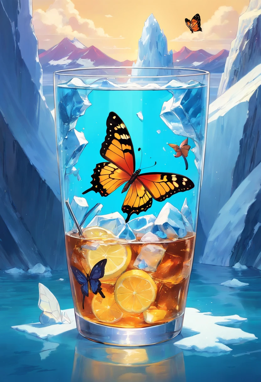 A Butterfly on an iceberg in a glass of iced tea