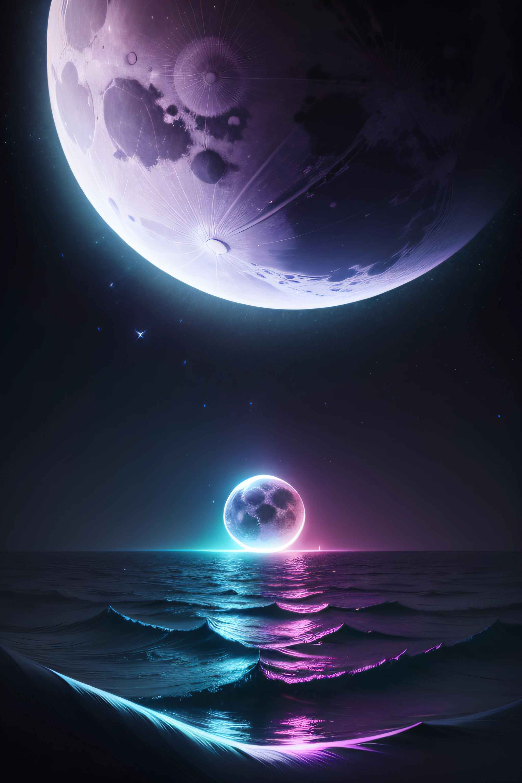 Create a wallpaper with the moon in the purple sea with a computer logo, svg type