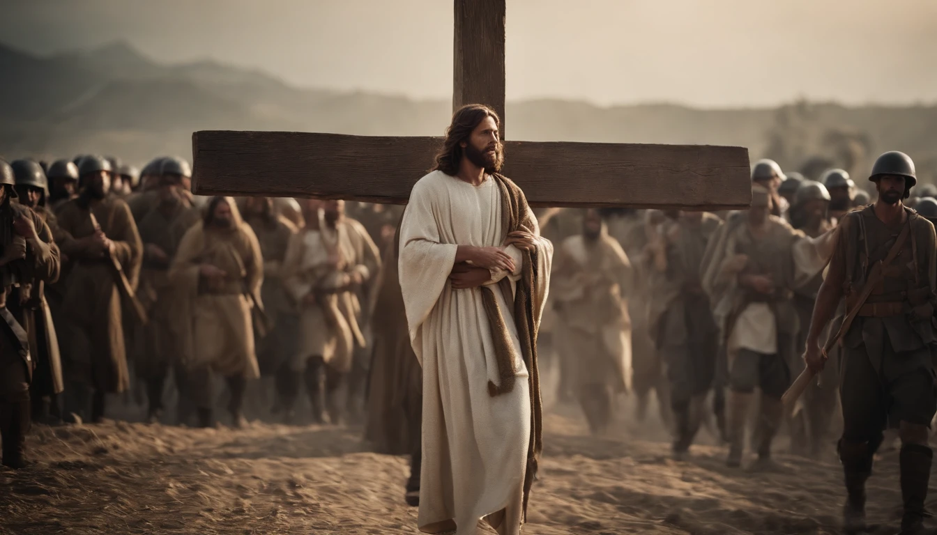 Jesus carrying his cross after suffering at the hands of soldiers, He's in the crowd