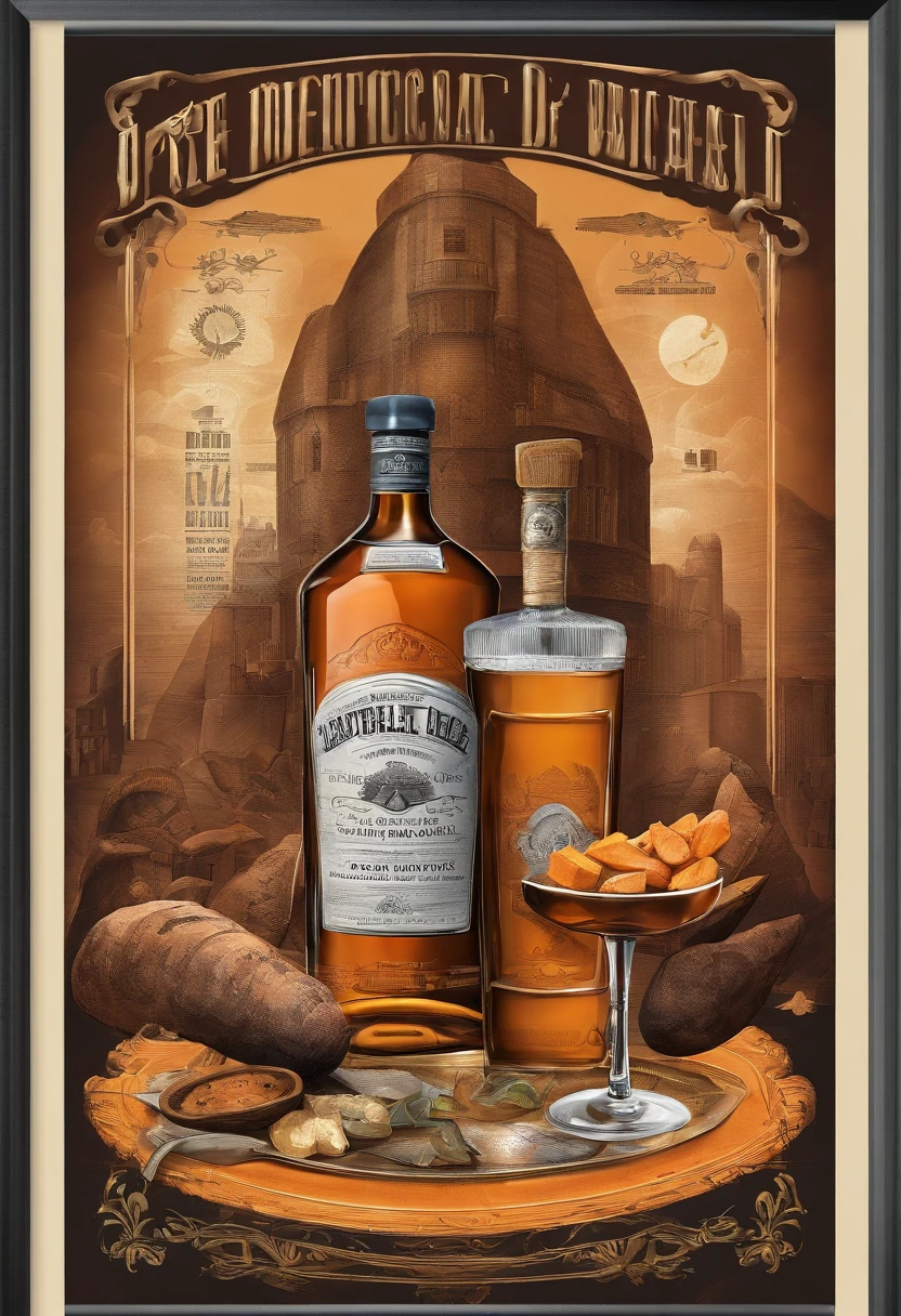 poster for,Mechanical liquor beauty,A bottle of whiskey and a plate of baked sweet potatoes,Creative advertising,Big poster,(English text),Cover of a,Eye-catching title,8K, High quality, Masterpiece, Best quality, k hd, Extremely detailed, voluminetric lighting, Photorealistic