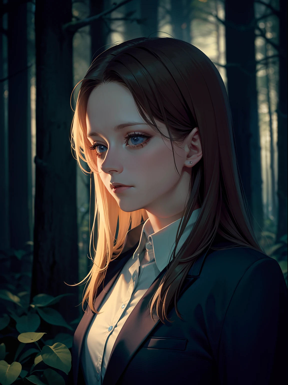 Clarice Starling from the movie "The Silence of the Lambs", Jodie Foster, FBI agent, In a dark mystical forest
