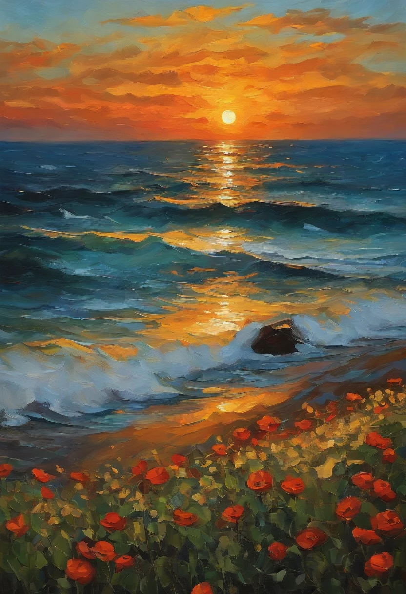 Malklossko、Painterly、Sunset over the sea、an oil painting、Evening、von gogh