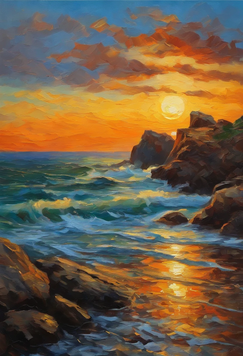 Malklossko、Painterly、Sunset over the sea、an oil painting、Evening、von gogh