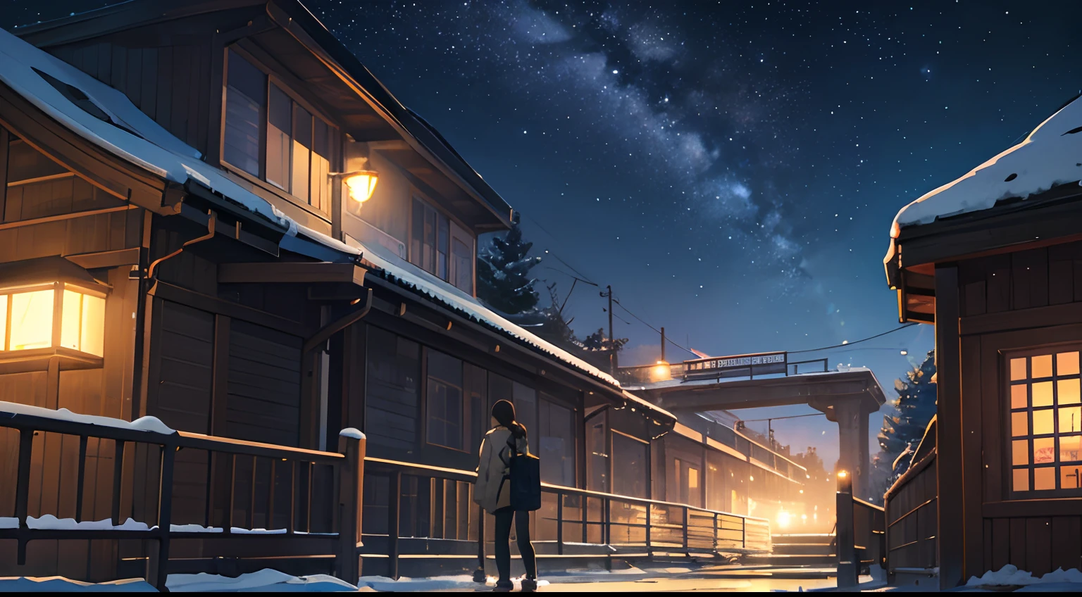 High quality masterpiece ,scenecy,Anime train passing through bodies of water on tracks, Glittering starry sky。Romantic train,Pisif,concept-art,Lofi art style,Reflectors。 By Makoto Shinkai, Lofi art, beautiful anime scenes, Anime landscapes, Detailed scenery —width 672, in the style of makoto shinkai, Makoto Shinkai's style,Detail enhancement
