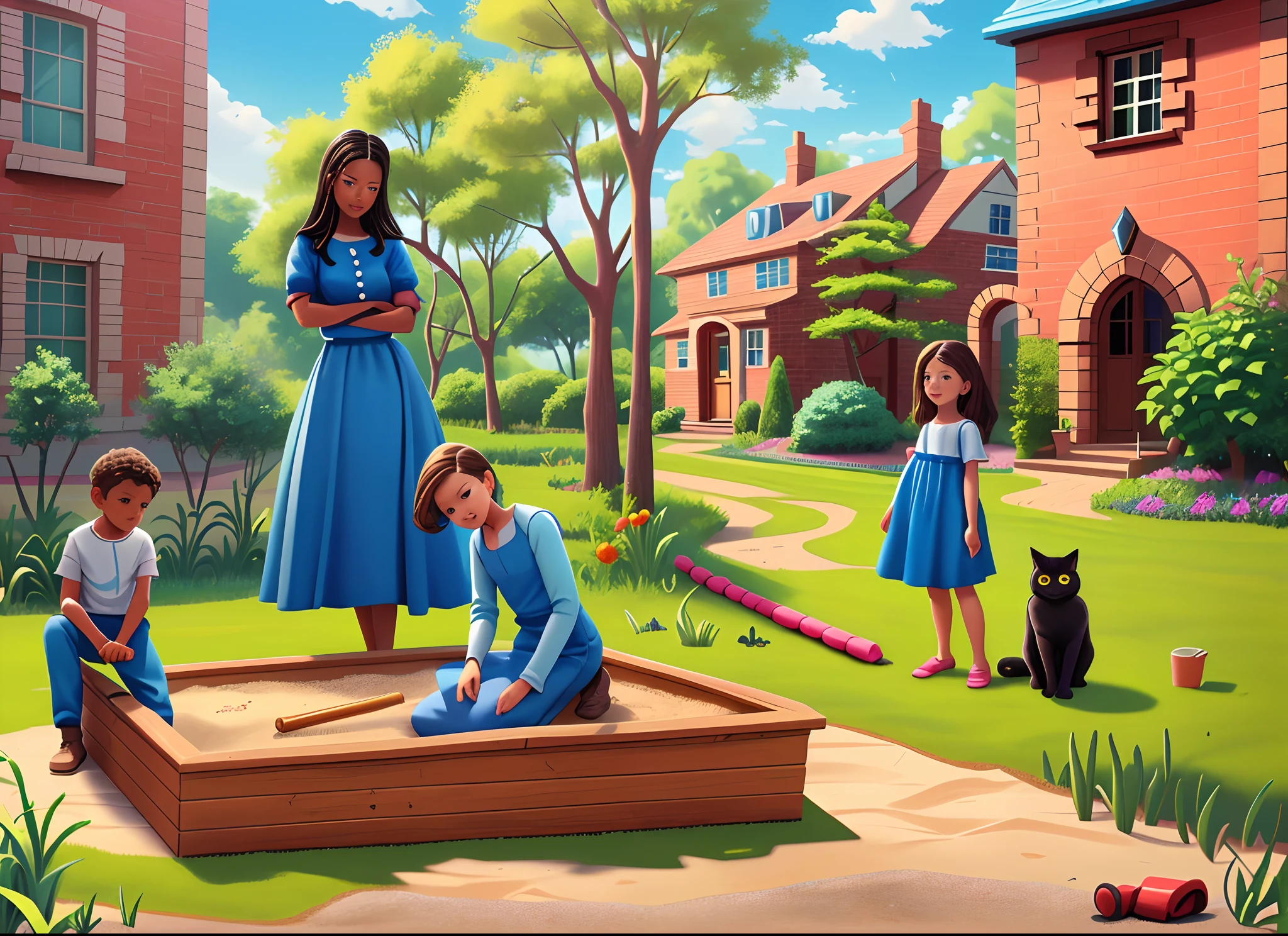 Illustration of a woman and two children, Sandbox game, A woman in a blue dress watches two boys at work, Two boys with tools in their hands repair the sandbox, The girl stands aside, Looking, A black cat sits near the girl's feet, illustartion, Brick houses, hospital, garden in front of the house, The children's sandbox is broken