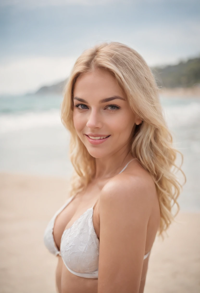 A pretty sexy woman with blonde hair with pretty bikini and beautiful body on the beach sea, who looks hot into the camera with a very sweet smile and looks into the center of the camera with a bikini and no wrinkles on her face and body