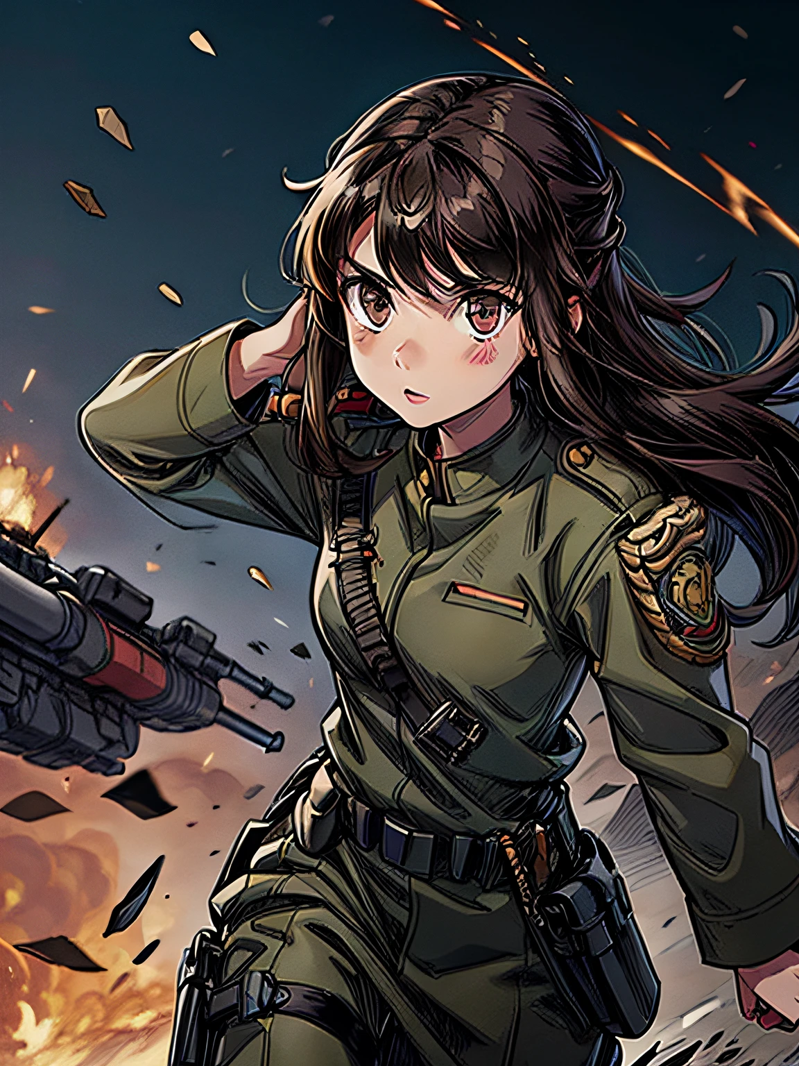 1girl in,brunette color hair,Akame,Imperial Army Soldier,Army Officer Uniform,Battlefield Background、actionpose、
