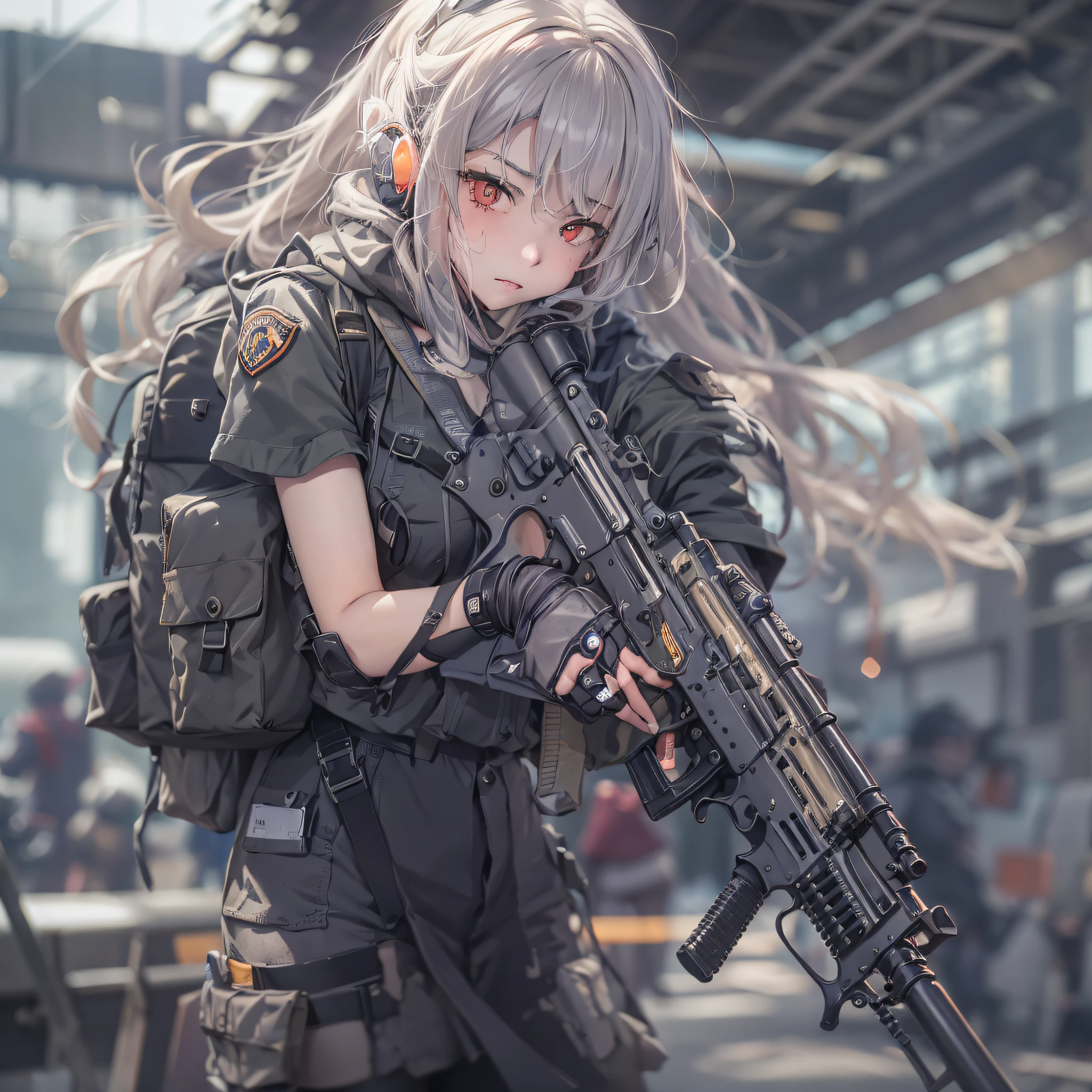 Anime girl with gun and backpack in the city, M4 Sopmod II Girls Frontline, girls frontline style, Mechanized soldier girl, infantry girl, artwork in the style of guweiz, from girls frontline, soldier girl, girls frontline cg, guweiz on artstation pixiv, badass anime 8 K, Fine details. girls' frontline