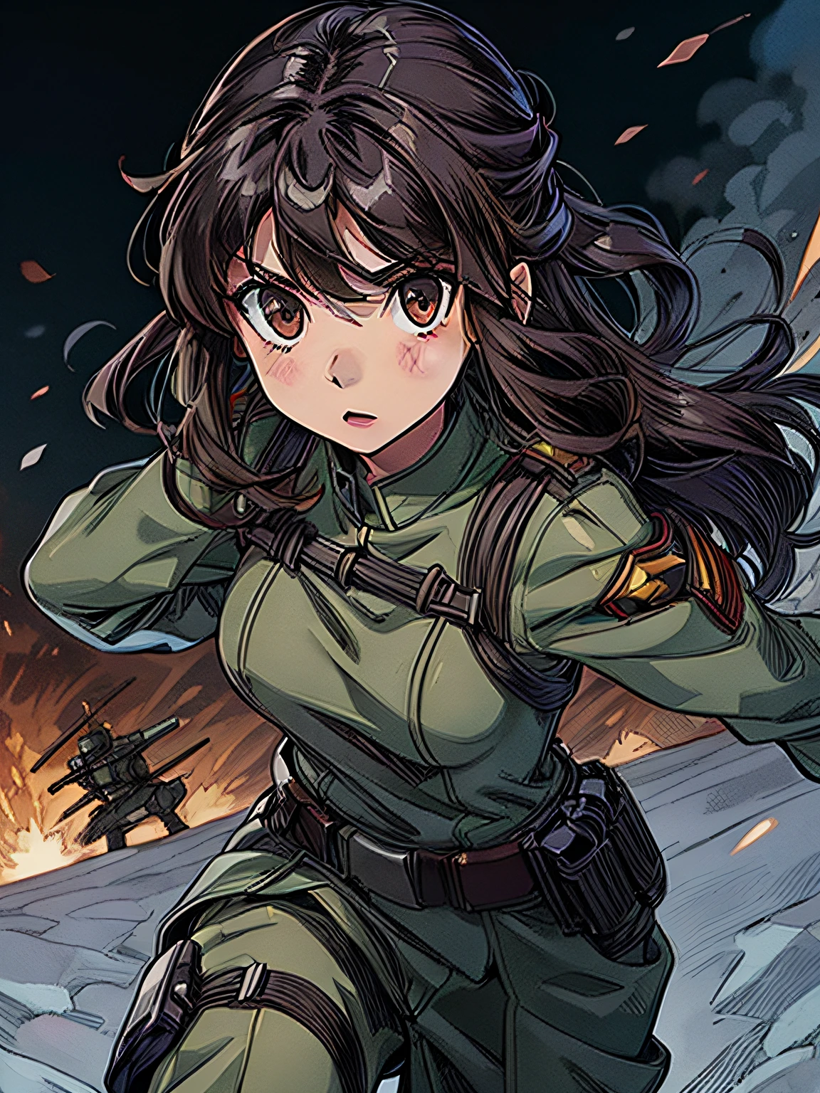 1girl in,brunette color hair,Akame,Imperial Army Soldier,Army Officer Uniform,Battlefield Background、actionpose、