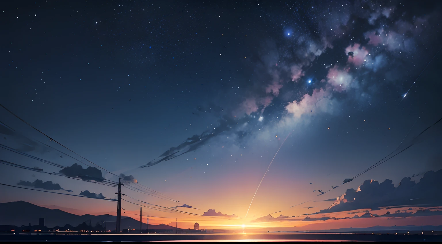 High quality masterpiece ,scenecy,Anime train passing through bodies of water on tracks, Glittering starry sky。Romantic train,Pisif,concept-art,Lofi art style,Reflectors。 By Makoto Shinkai, Lofi art, beautiful anime scenes, Anime landscapes, Detailed scenery —width 672, in the style of makoto shinkai, Makoto Shinkai's style,Detail enhancement