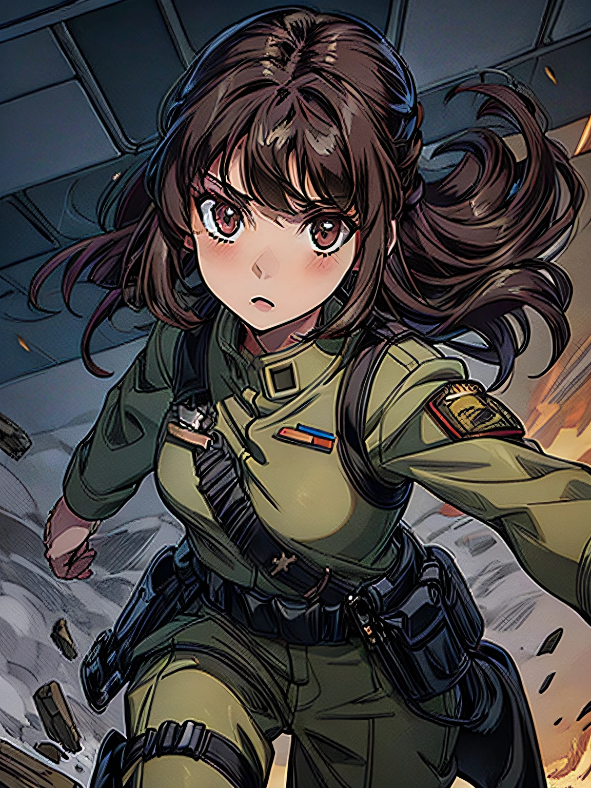 1girl in,brunette color hair,Akame,Imperial Army Soldier,Army Officer Uniform,Battlefield Background、actionpose、