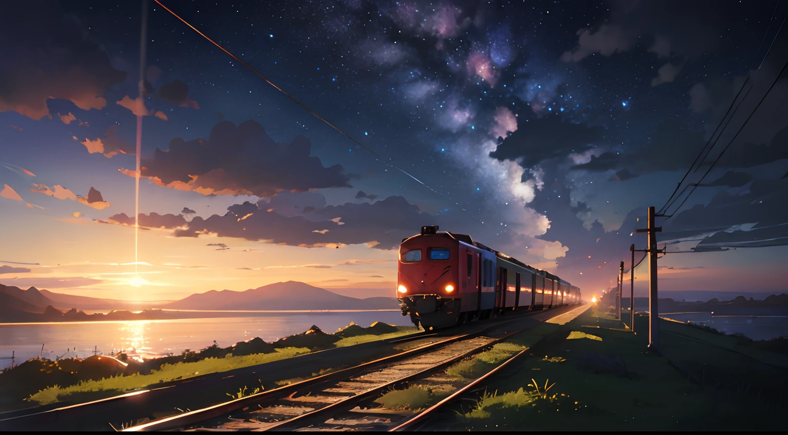 High quality masterpiece ,scenecy,Anime train passing through bodies of water on tracks, Glittering starry sky。Romantic train,Pisif,concept-art,Lofi art style,Reflectors。 By Makoto Shinkai, Lofi art, beautiful anime scenes, Anime landscapes, Detailed scenery —width 672, in the style of makoto shinkai, Makoto Shinkai's style,Detail enhancement