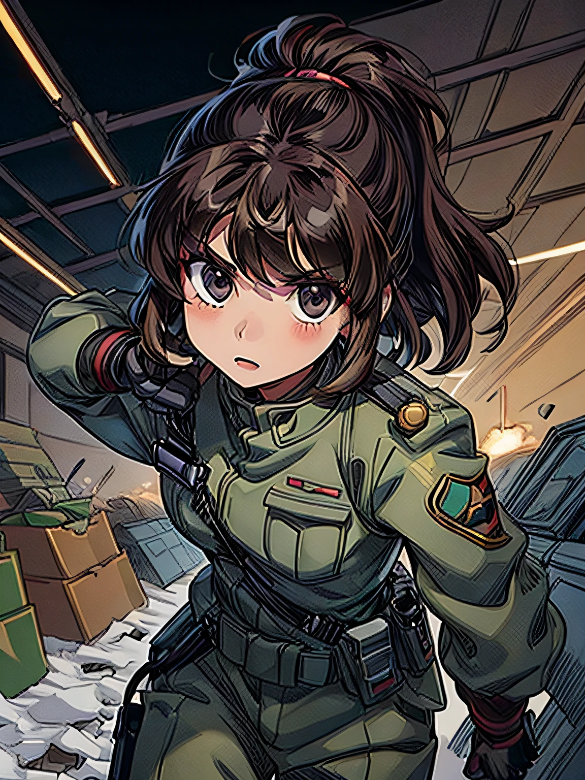 1girl in,brunette color hair,Akame,Imperial Army Soldier,Army Officer Uniform,Battlefield Background、actionpose、