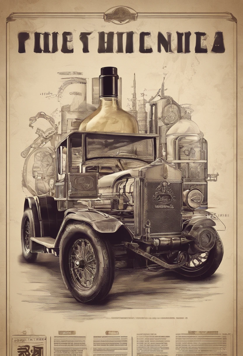 poster for,Mechanical liquor beauty,A bottle of whiskey and a cup of milk tea,Creative advertising,Big poster,(English text),Cover of a,Eye-catching title,8K, High quality, Masterpiece, Best quality, k hd, Extremely detailed, voluminetric lighting, Photorealistic