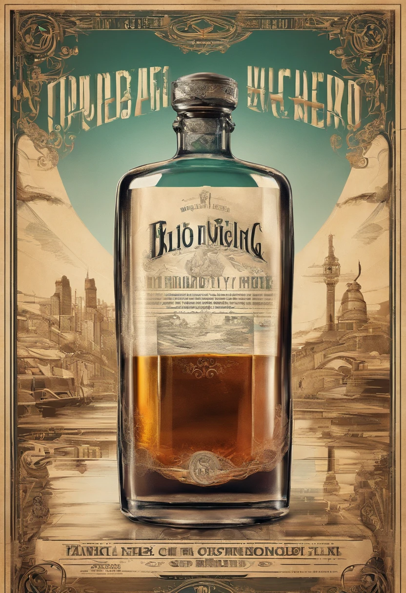 poster for，Mechanical liquor beauty，A bottle of whiskey and a cup of milk tea，Creative advertising，Big poster，(English text)，Cover of a，Eye-catching title，8K, High quality, Masterpiece, Best quality, k hd, Extremely detailed, voluminetric lighting, Photorealistic