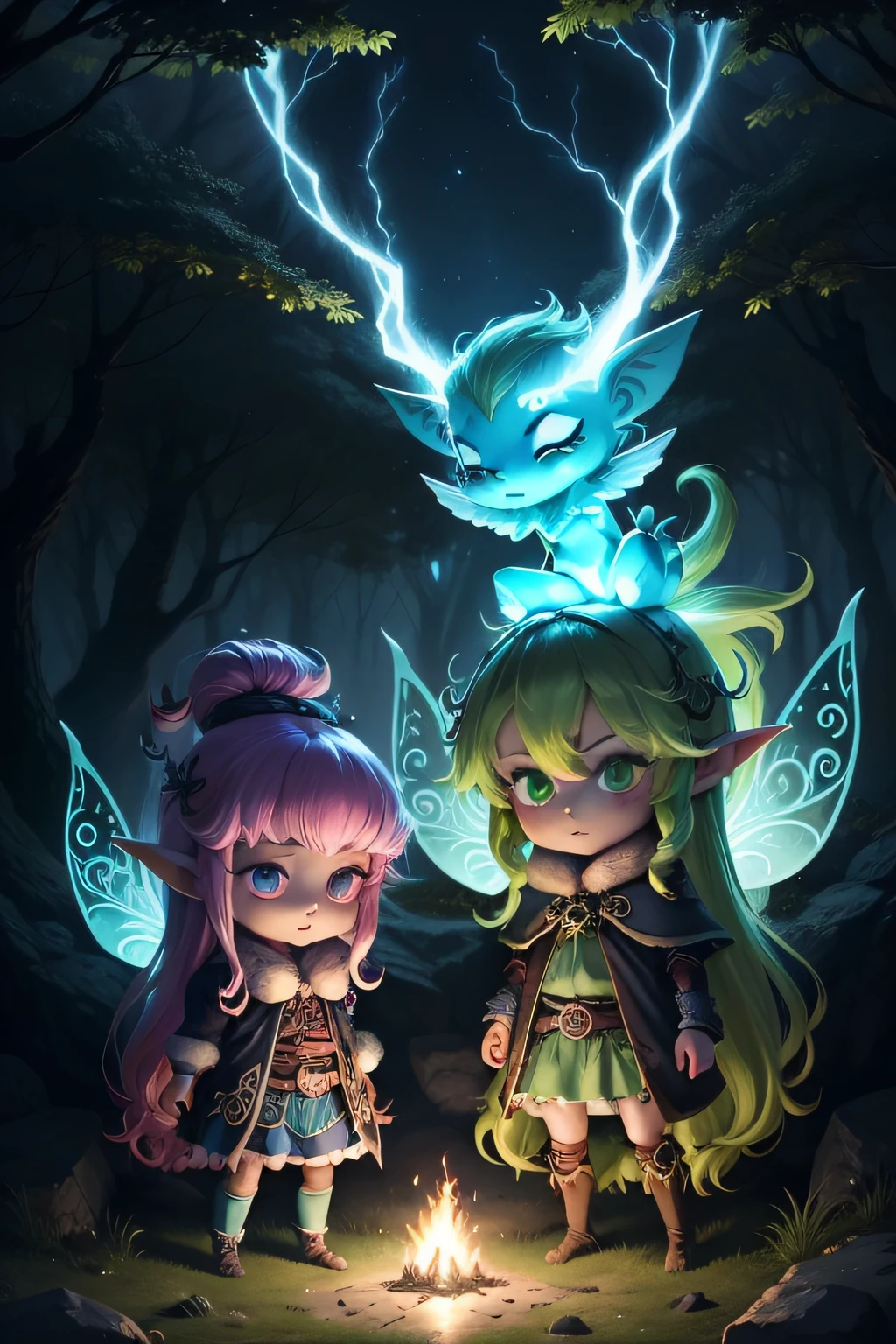 troll,Chibichara,Personajes de anime,En el bosque poco iluminado, Troll design, colores verdes, magia,A type of fairy in Norse tradition.。「bromista」y「Molestia que hace cosas malas」Tiene el significado de。
