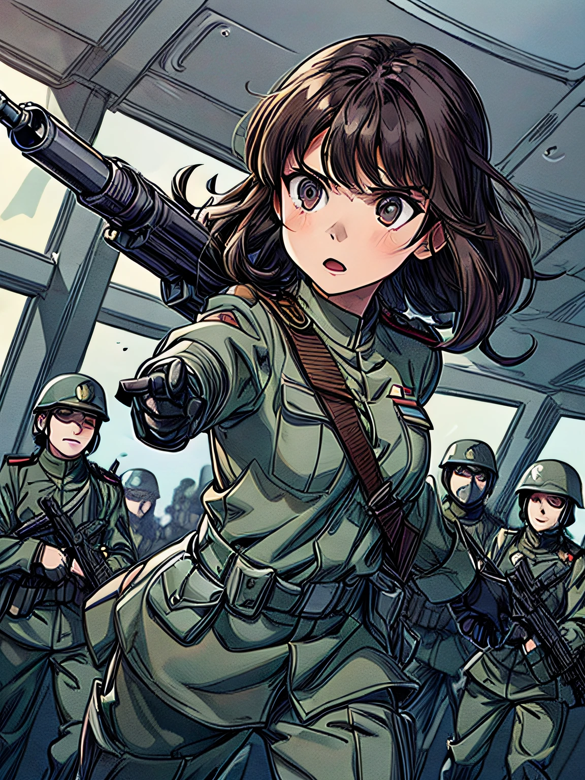 1girl in,brunette color hair,Akame,Imperial Army Soldier,Army Officer Uniform,Battlefield Background、actionpose、