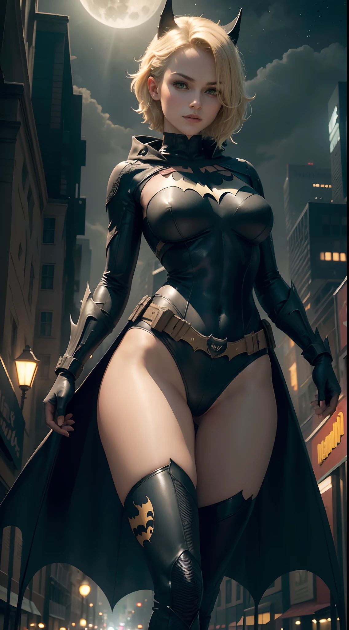 1girl, full body, style of the Batwoman costume, medium breasts, Yellow Batman Logo on Chest and the belt, masterpiece, best quality, detailed skin texture, detailed cloth texture, beautiful detailed face, intricate details, ultra detailed, Short blonde hair, (Night street Gotham city Background), full moon on the sky, (( Stand with your legs apart)),Light passes through the legs)), front view, (Best quality, A high resolution, Photorealistic, primitive, 8K,Masterpiece, ),Best quality, Masterpiec8K.hdr. High ribs:1.2, filmgrain, Blur bokeh:1.2, Lens flare, (vivd colour:1.2), (Delicate),