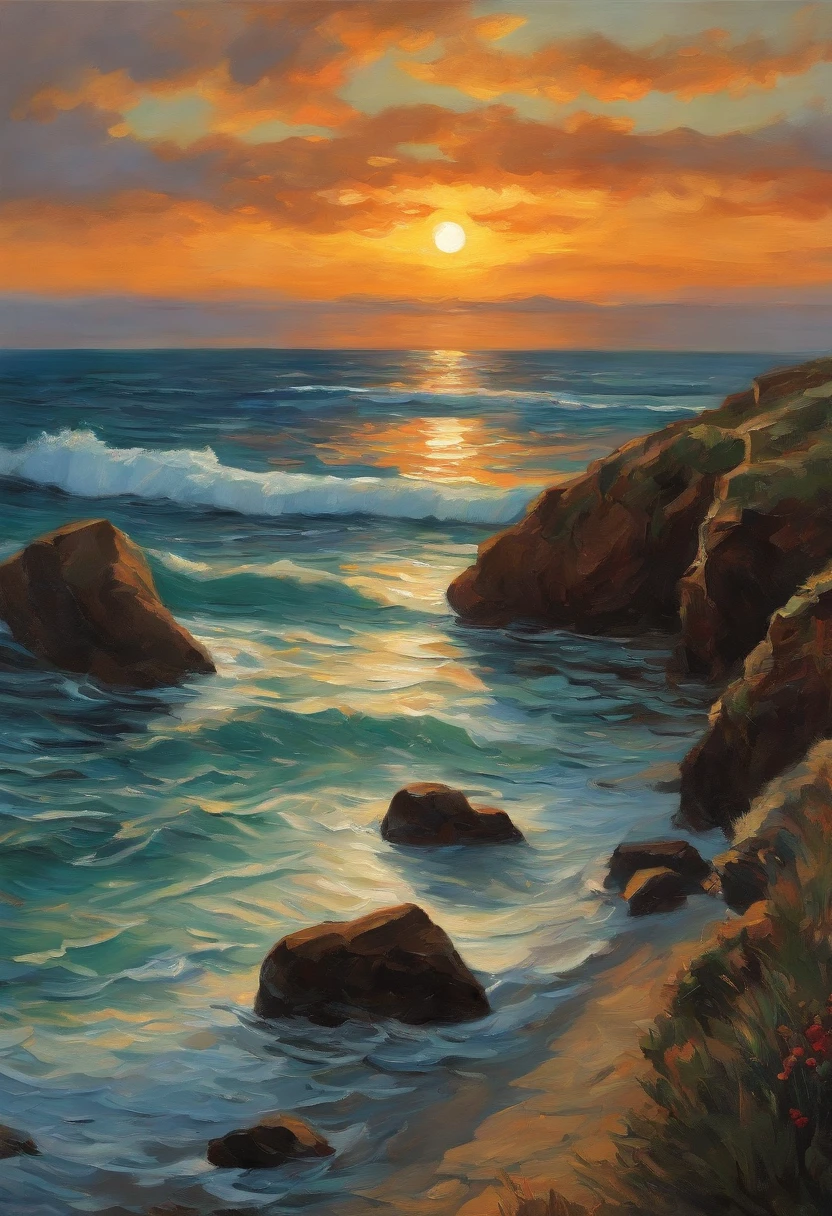 Malklossko、Painterly、Sunset over the sea、an oil painting、evening、von gogh、calm sea、Less clouds、