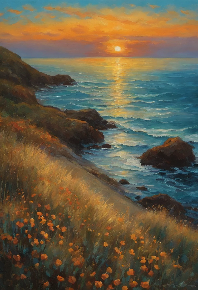 Malklossko、Painterly、Sunset over the sea、an oil painting、evening、von gogh、calm sea、Less clouds、