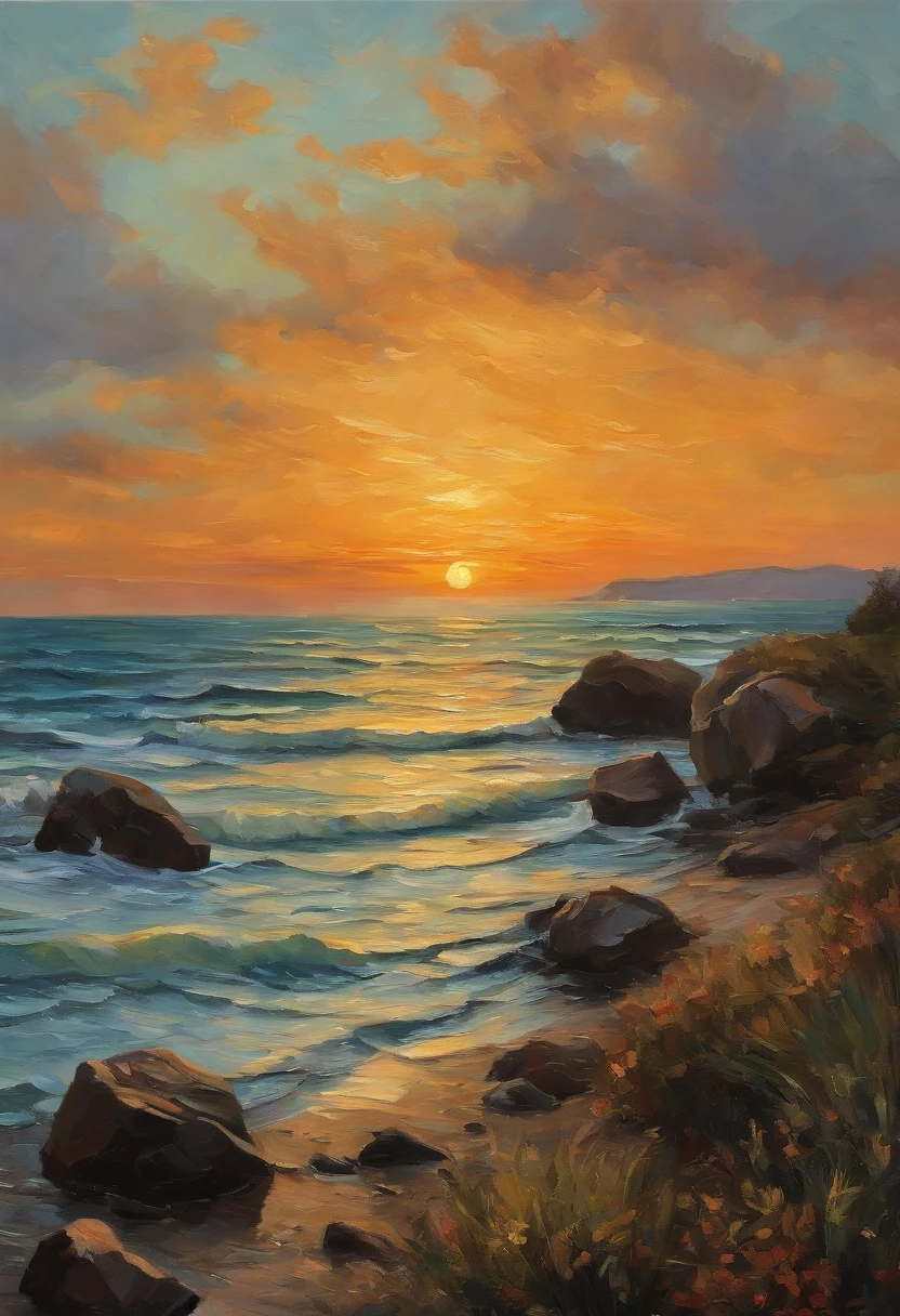 Malklossko、Painterly、Sunset over the sea、an oil painting、evening、von gogh、calm sea、Less clouds、