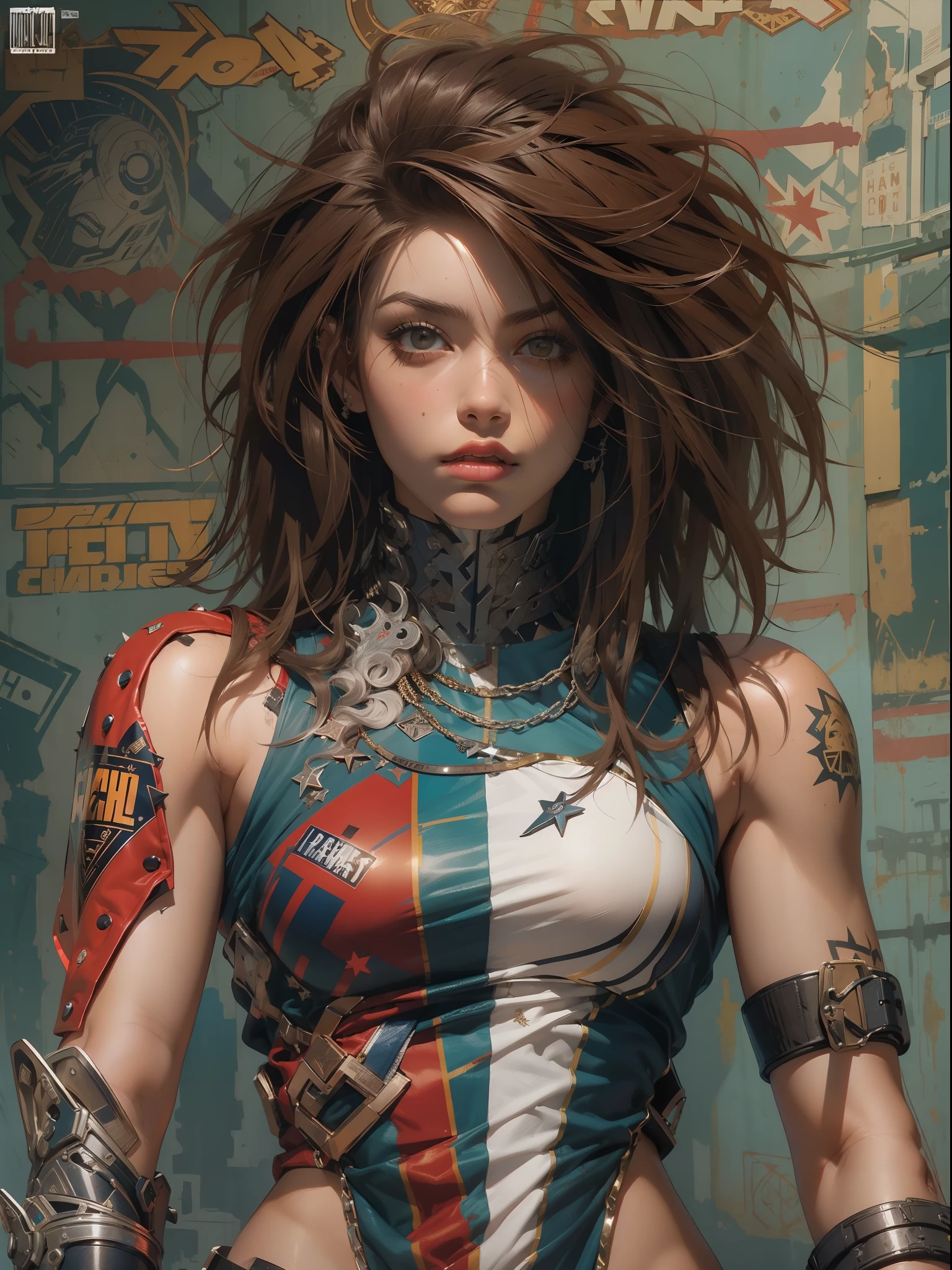 (((mulher))), (((melhor qualidade))), (((obra prima))), (((adulto))), (((1girl))), ((( corte de cabelo bob ))), Uma gladiadora cyberpunk mulher de 25 anos com corpo perfeito, shoulder pads with metal spines, Gladiadores do Brooklyn, (( corte de cabelo bob )), tiny leather panties, camiseta de time de rugby rasgada, quase nua no estilo selvagem urbano de Simon Bisley para a capa da revista Heavy Metal, Cabelo loiro curto, Minimum clothing, Metal protection on the left arm with intricate graphics, Dark red with white stars and white and navy blue checkerboard pattern, armadura, cheio de pontas e rebites, (((do joelho pra cima))), cabelos loiro branco curto, no fundo uma parede pintada por Shepard Fairey com um design intrincado