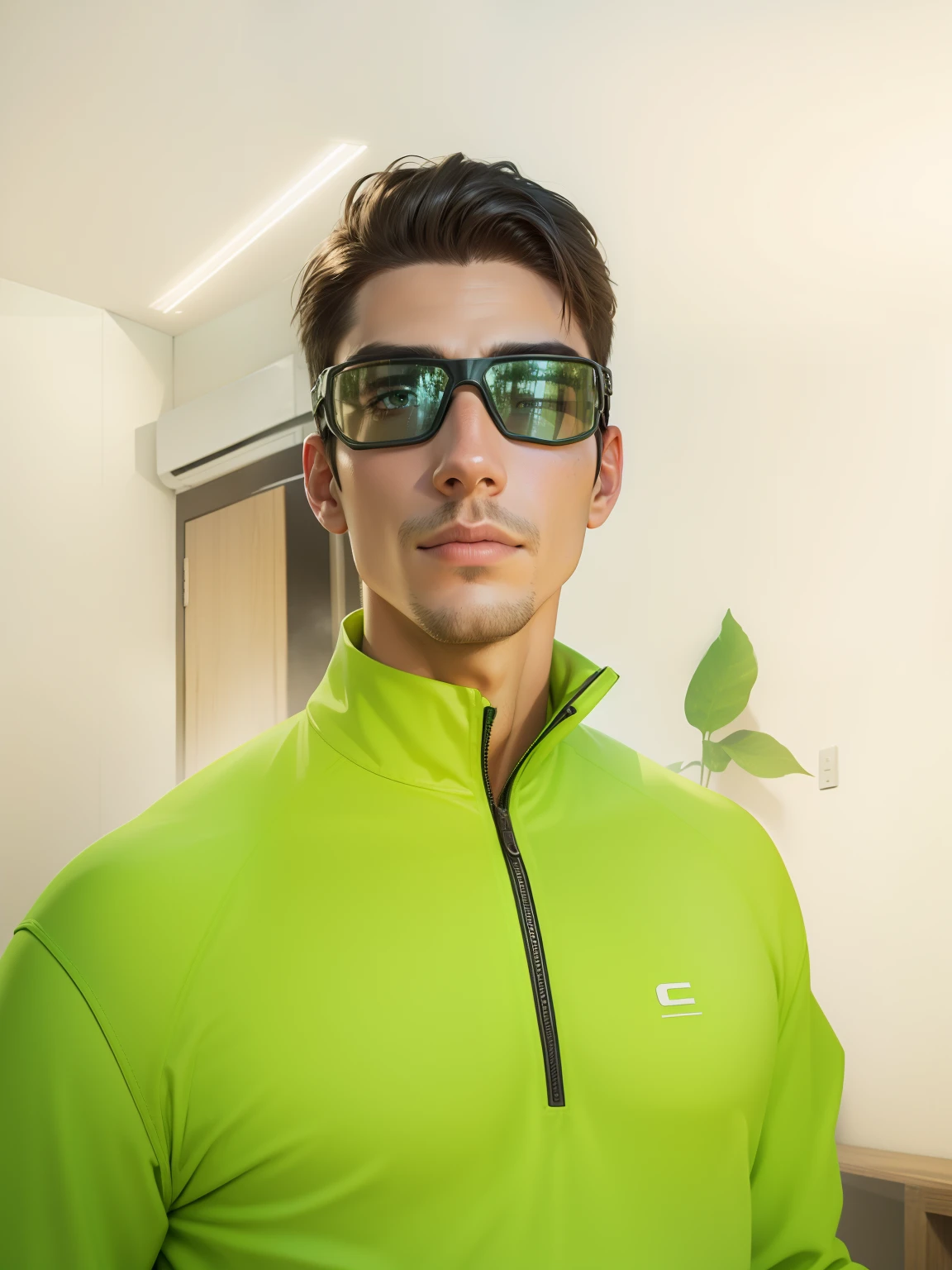 Realistic face, green goggle, cool romantic atmosphere background