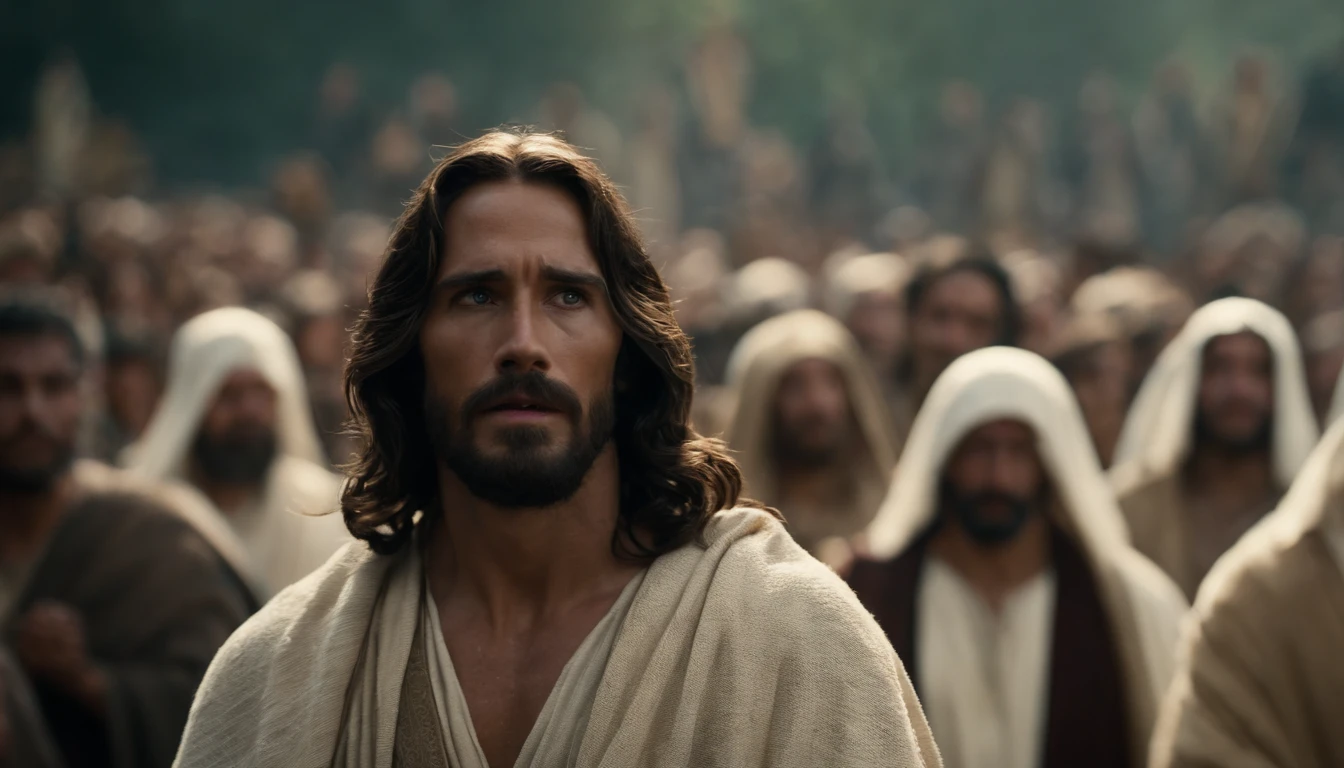 Jesus carregando sua cruz , his robes are torn, ele usa uma coroa de espinhos, He's in the crowd, arte sacra