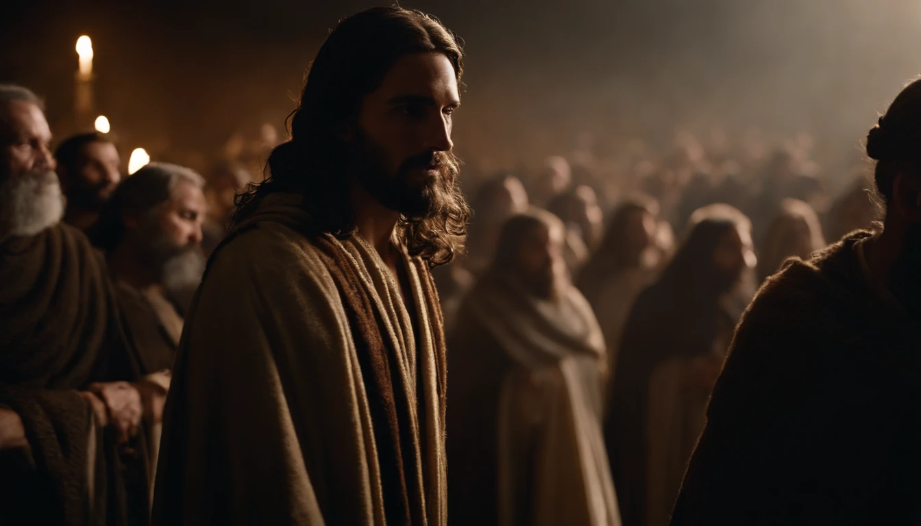 Jesus carregando sua cruz , his robes are torn, ele usa uma coroa de espinhos, He's in the crowd, arte sacra