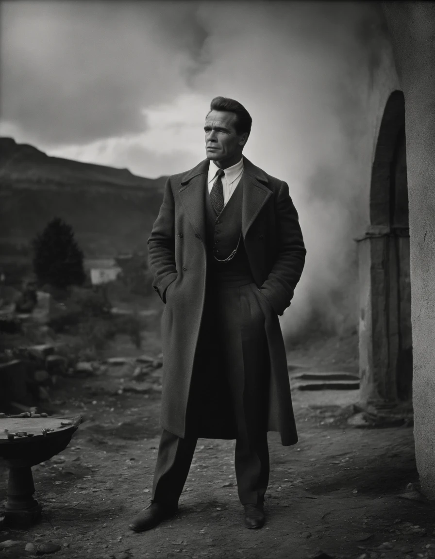 Arnold Schwarzenegger in Soviet avant-garde cinema, black-and-white, Soviet Union, Full-length, Soviet clothing, 1930s