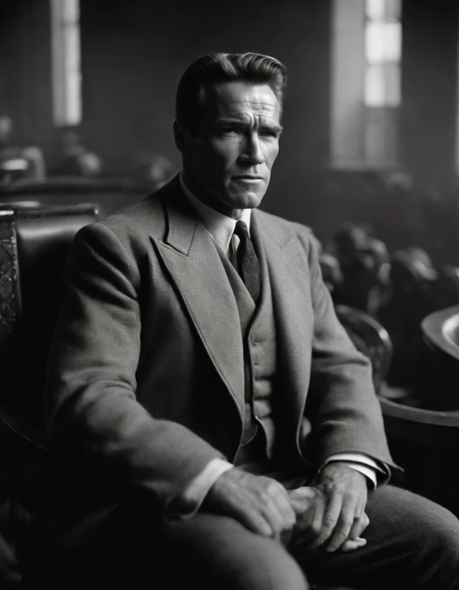 Arnold Schwarzenegger in Soviet avant-garde cinema, black-and-white, Soviet Union,  Full-length,  Soviet clothing, 1930s