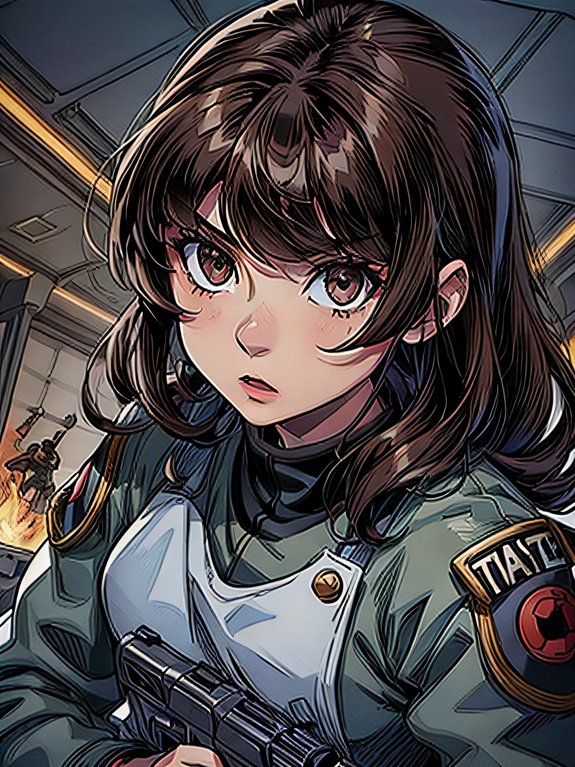 1girl in,brunette color hair,Akame,Imperial Army Soldier,Army Officer Uniform,Battlefield Background、actionpose、