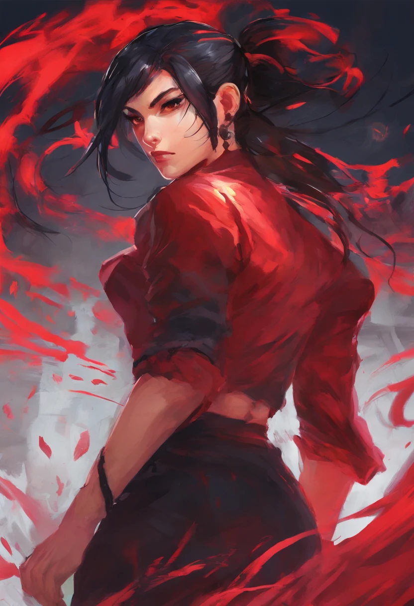 Beautiful girl, black hair, red dress, realistic