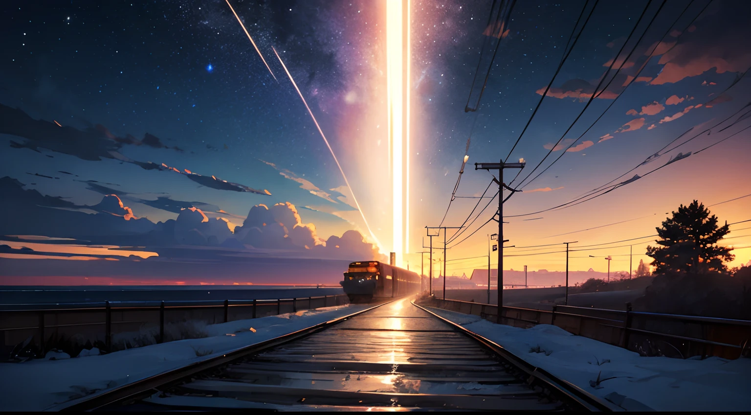 High quality masterpiece ，scenecy，Anime train passing through bodies of water on tracks， Glittering starry sky。Romantic train，Pisif，concept-art，Lofi art style，Reflectors。 By Makoto Shinkai, Lofi art, beautiful anime scenes, Anime landscapes, Detailed scenery —width 672, in the style of makoto shinkai, Makoto Shinkai's style，Detail enhancement