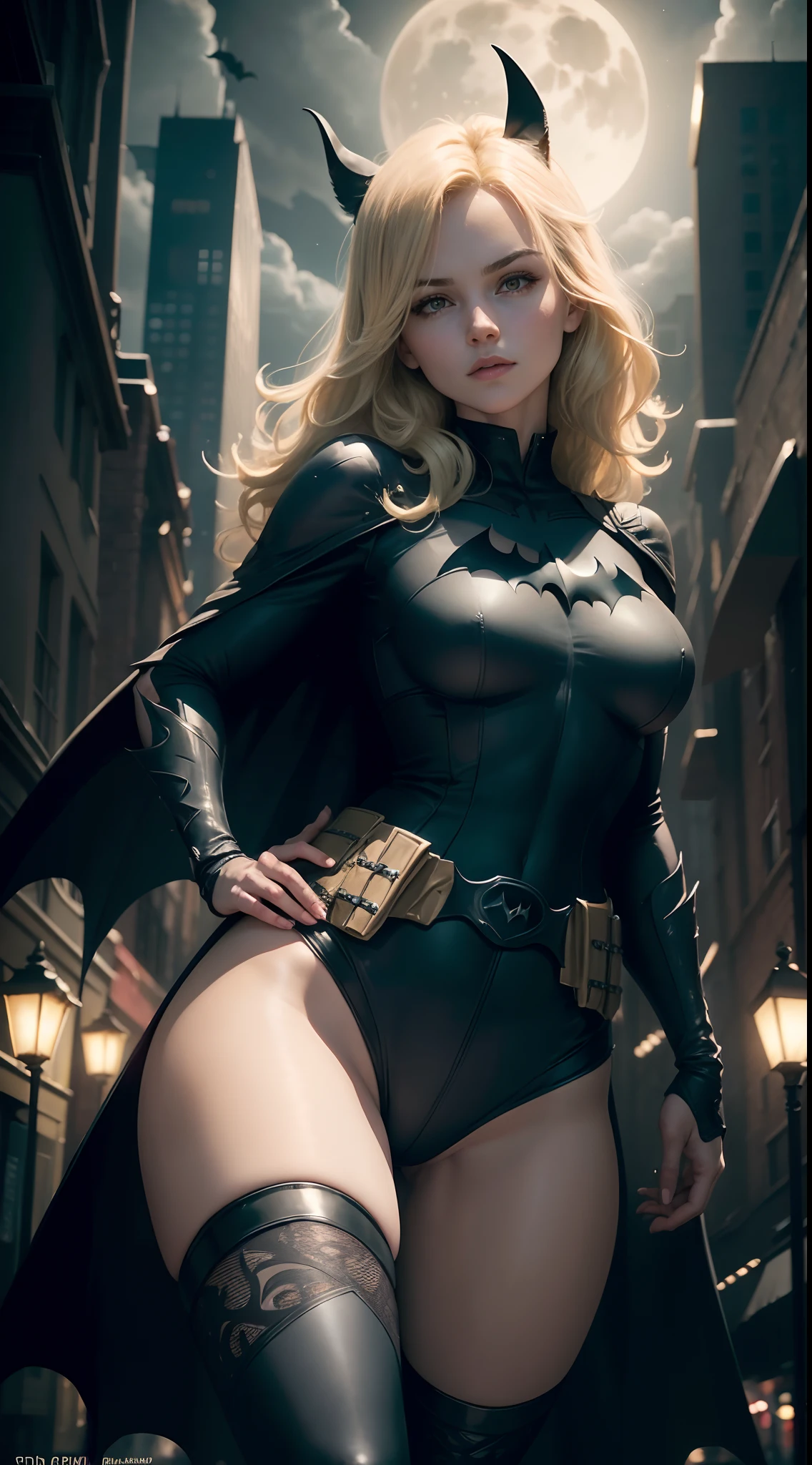 1girl, full body, style of the Batwoman costume, medium breasts, Yellow Batman Logo on Chest and the belt, masterpiece, best quality, detailed skin texture, detailed cloth texture, beautiful detailed face, intricate details, ultra detailed, Short blonde hair, (Night street Gotham city Background), full moon on the sky, (( Stand with your legs apart)),Light passes through the legs)), front view, (Best quality, A high resolution, Photorealistic, primitive, 8K,Masterpiece, ),Best quality, Masterpiec8K.hdr. High ribs:1.2, filmgrain, Blur bokeh:1.2, Lens flare, (vivd colour:1.2), (Delicate),