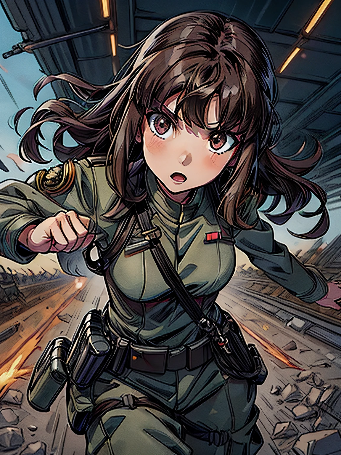 1girl in,brunette color hair,Akame,Imperial Army Soldier,Army Officer Uniform,Battlefield Background、actionpose、