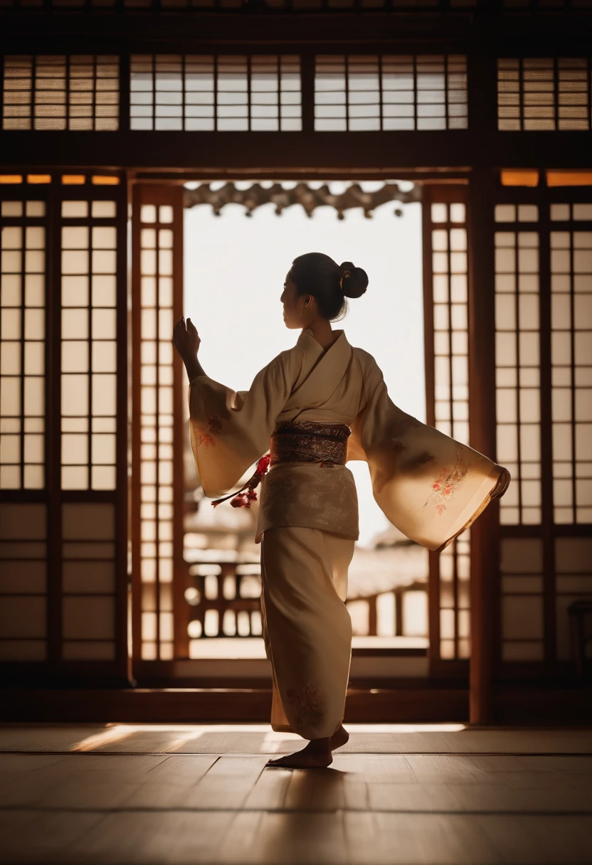 Create an image of a half-androgynous person dancing dressed in light-colored yukata in the foreground of full body, em uma sala de madeira com fundo fora de foco escuro, a ceramic basin with water and an okedo taiko in the background